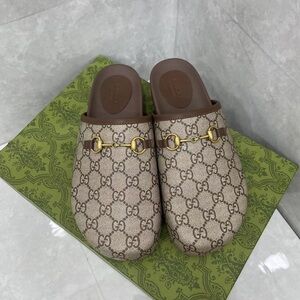 Gucci Beige Monogram Slides with Gold Horsebit